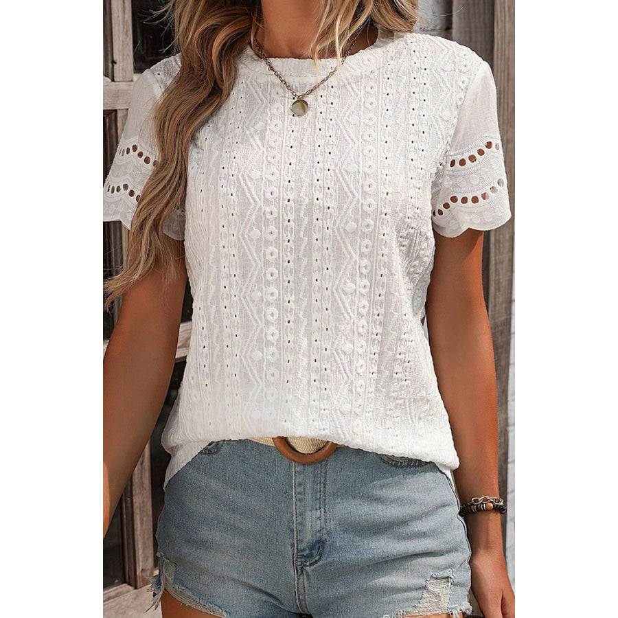 Eyelet Round Neck Short Sleeve Top Apparel and Accessories