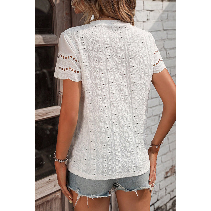 Eyelet Round Neck Short Sleeve Top White / S Apparel and Accessories