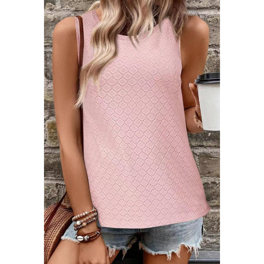 Eyelet Round Neck Tank Blush Pink / S Apparel and Accessories