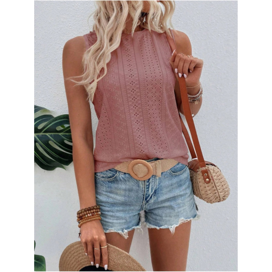 Eyelet Round Neck Tank Dusty Pink / S Apparel and Accessories