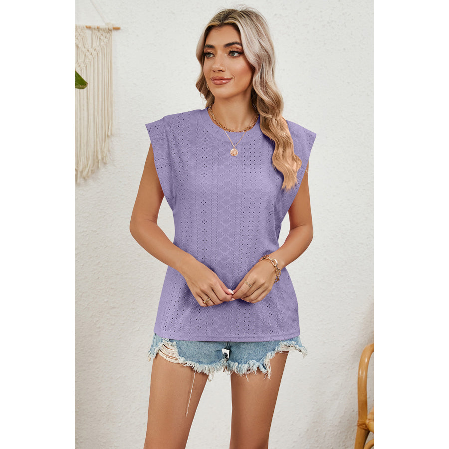 Eyelet Round Neck Tank Lavender / S Apparel and Accessories