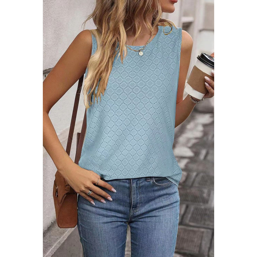 Eyelet Round Neck Tank Pastel Blue / S Apparel and Accessories