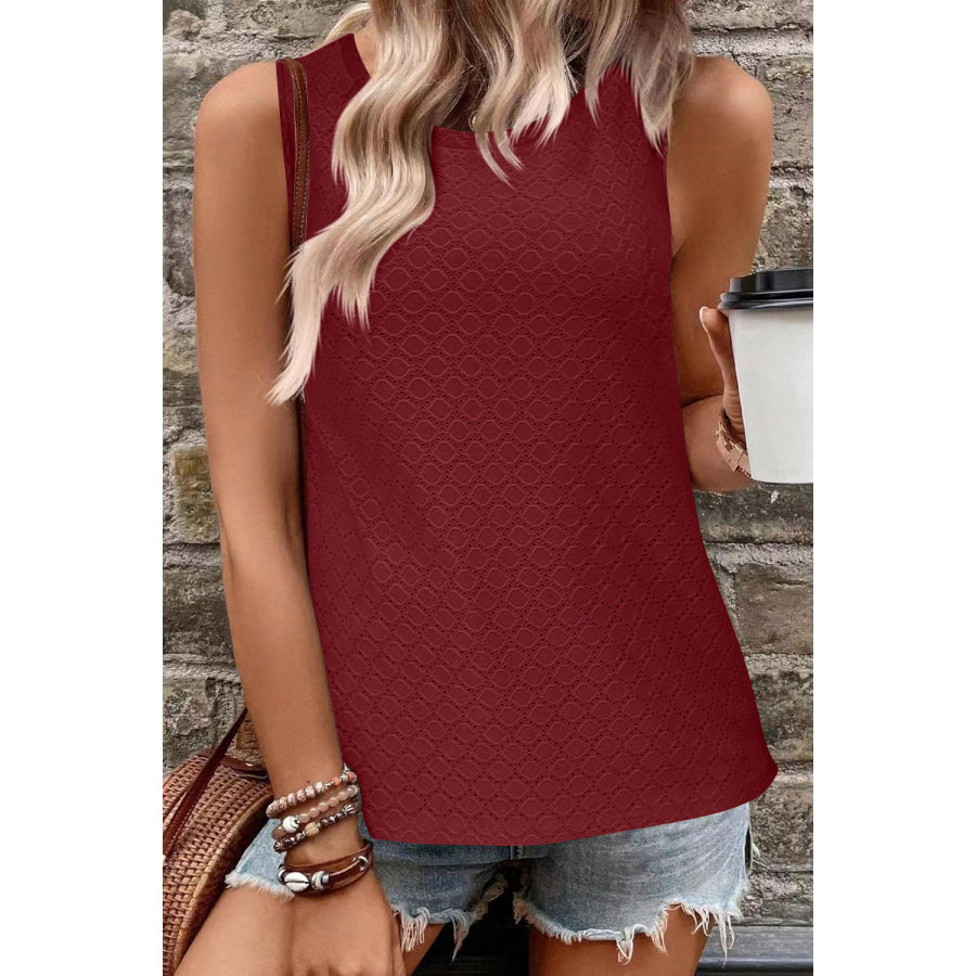 Eyelet Round Neck Tank Wine / S Apparel and Accessories