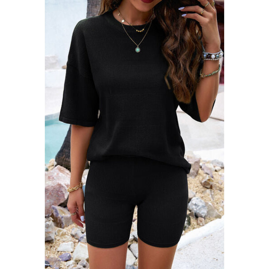 Eyelet Round Neck Top and Shorts Set Apparel Accessories