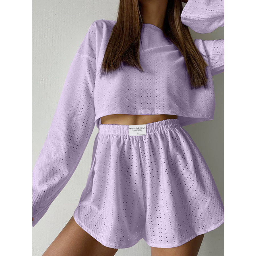 Eyelet Round Neck Top and Shorts Set Apparel Accessories