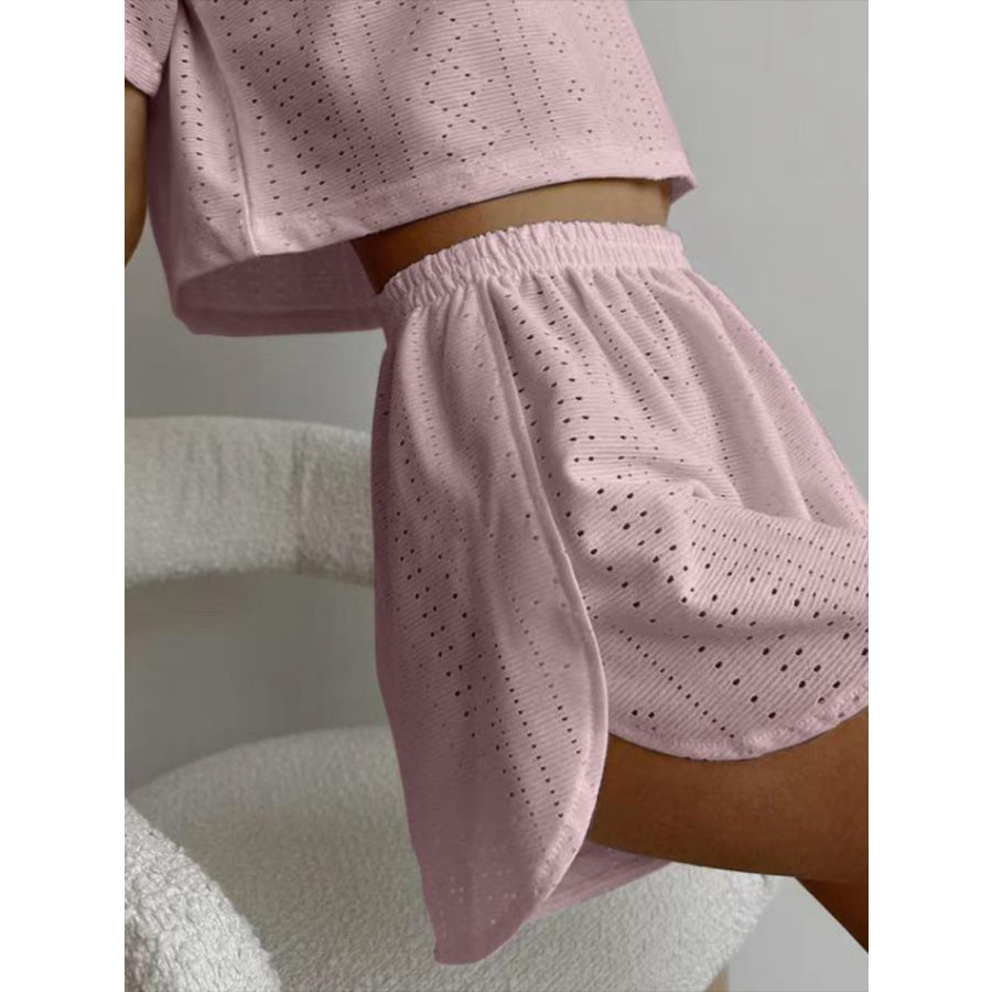 Eyelet Round Neck Top and Shorts Set Apparel Accessories