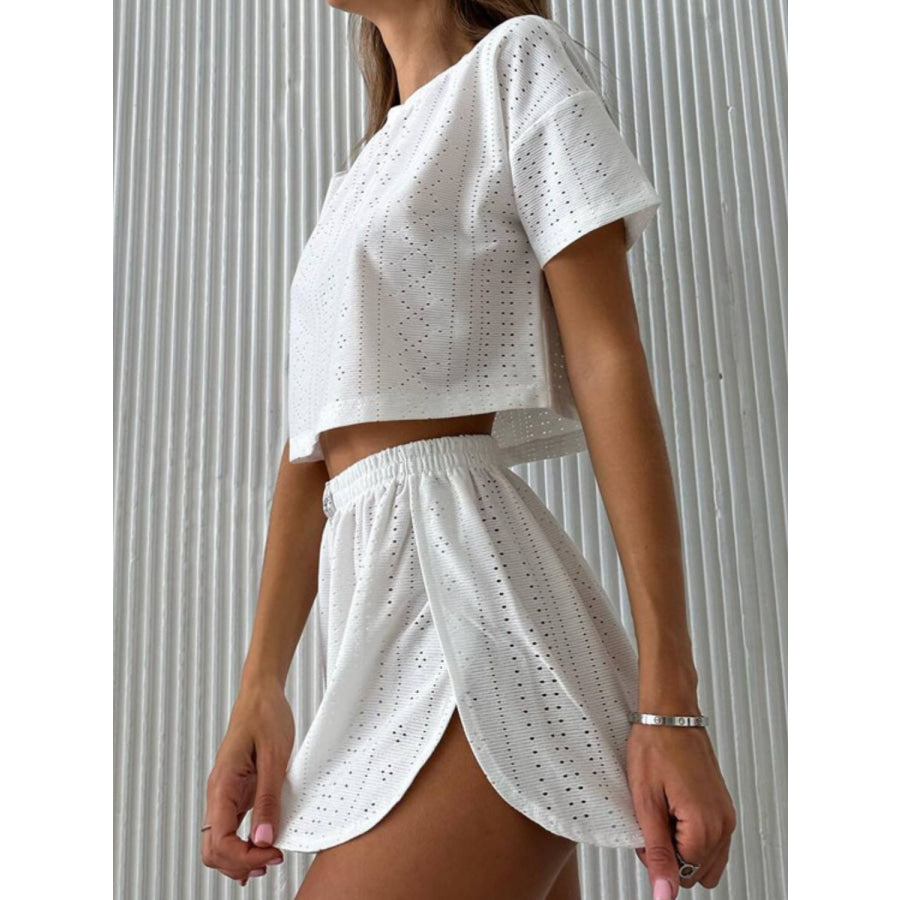 Eyelet Round Neck Top and Shorts Set Apparel Accessories