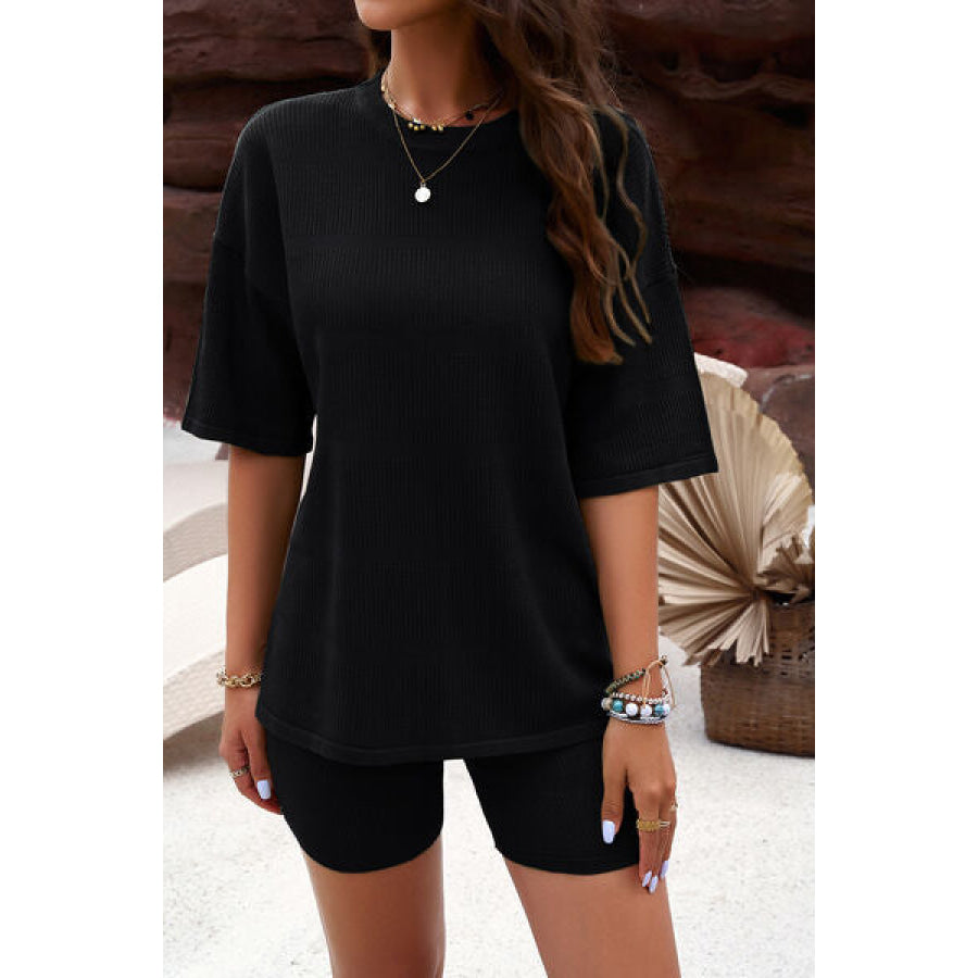 Eyelet Round Neck Top and Shorts Set Apparel Accessories