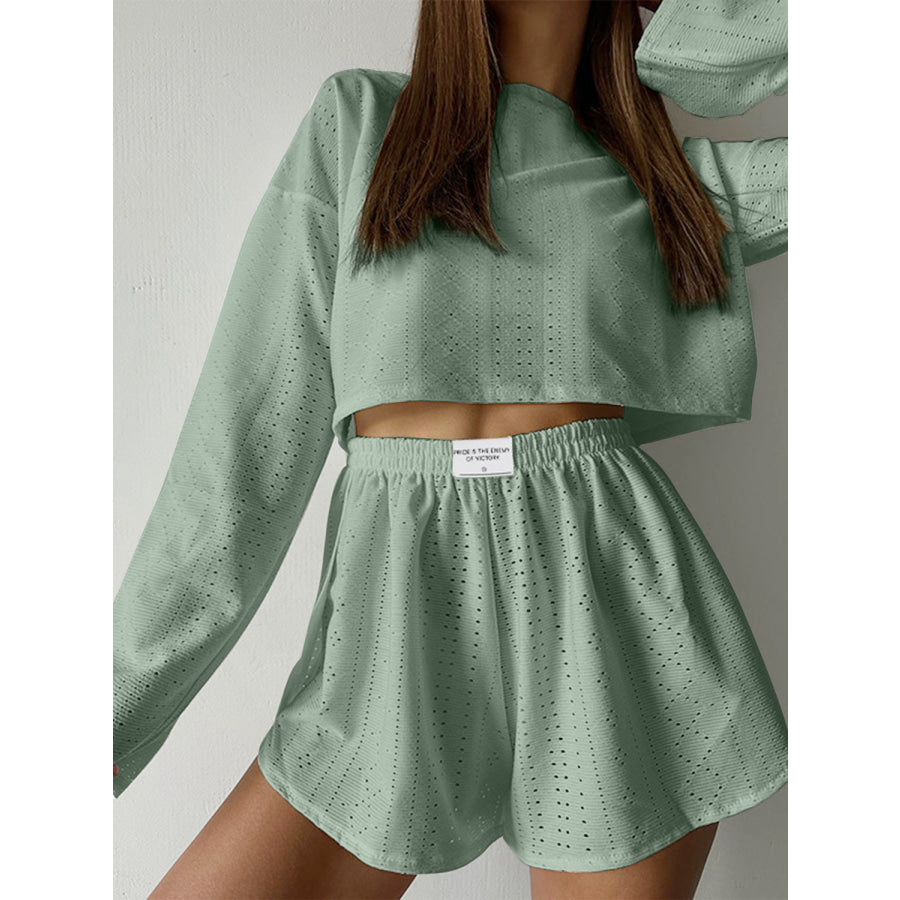 Eyelet Round Neck Top and Shorts Set Apparel Accessories