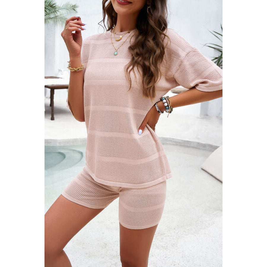 Eyelet Round Neck Top and Shorts Set Apparel Accessories