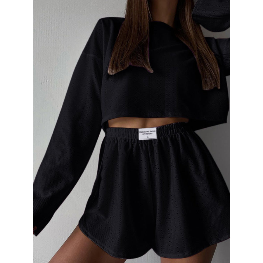 Eyelet Round Neck Top and Shorts Set Black / S Apparel Accessories