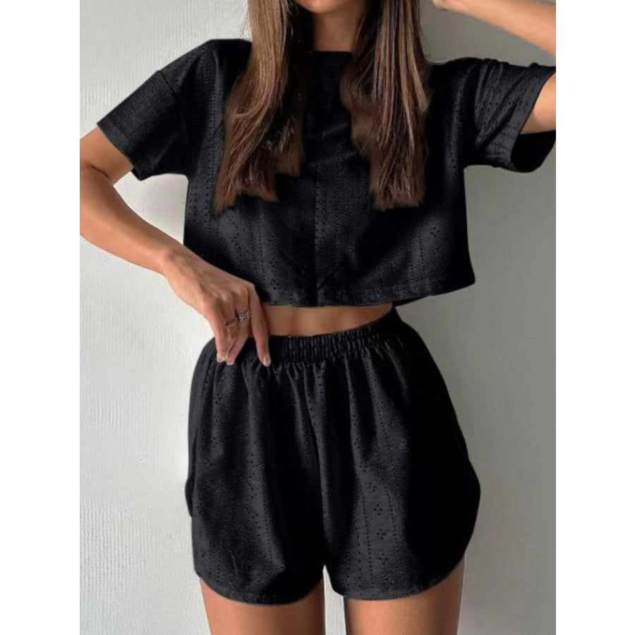 Eyelet Round Neck Top and Shorts Set Black / S Apparel Accessories