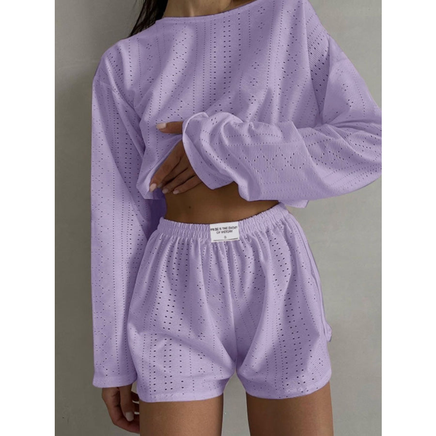 Eyelet Round Neck Top and Shorts Set Lavender / S Apparel Accessories