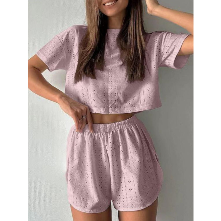 Eyelet Round Neck Top and Shorts Set Light Mauve / S Apparel Accessories