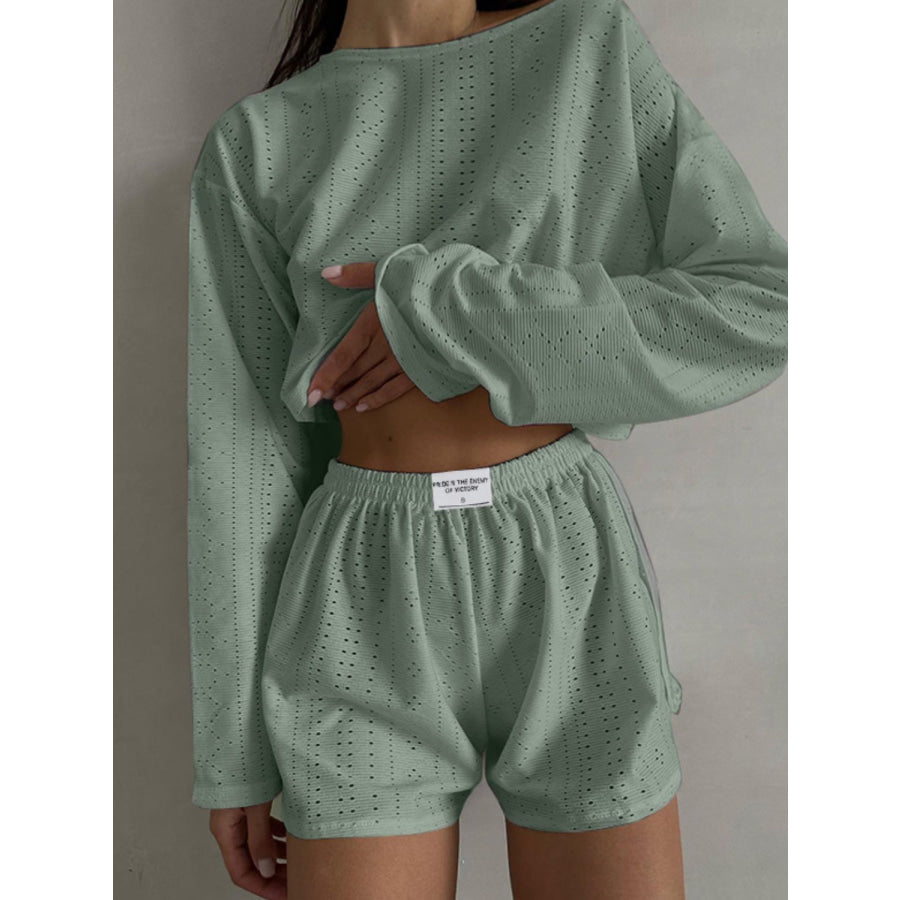 Eyelet Round Neck Top and Shorts Set Matcha Green / S Apparel Accessories