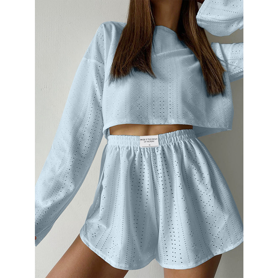 Eyelet Round Neck Top and Shorts Set Pastel Blue / S Apparel Accessories