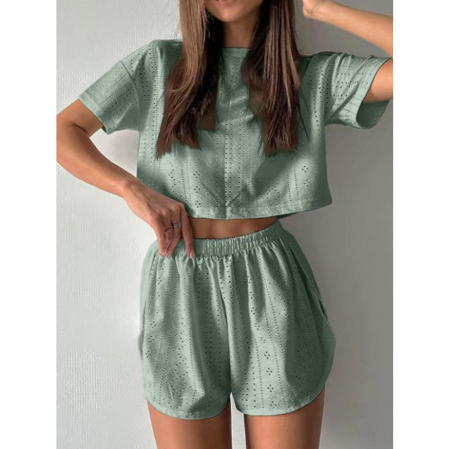 Eyelet Round Neck Top and Shorts Set Sage / S Apparel Accessories