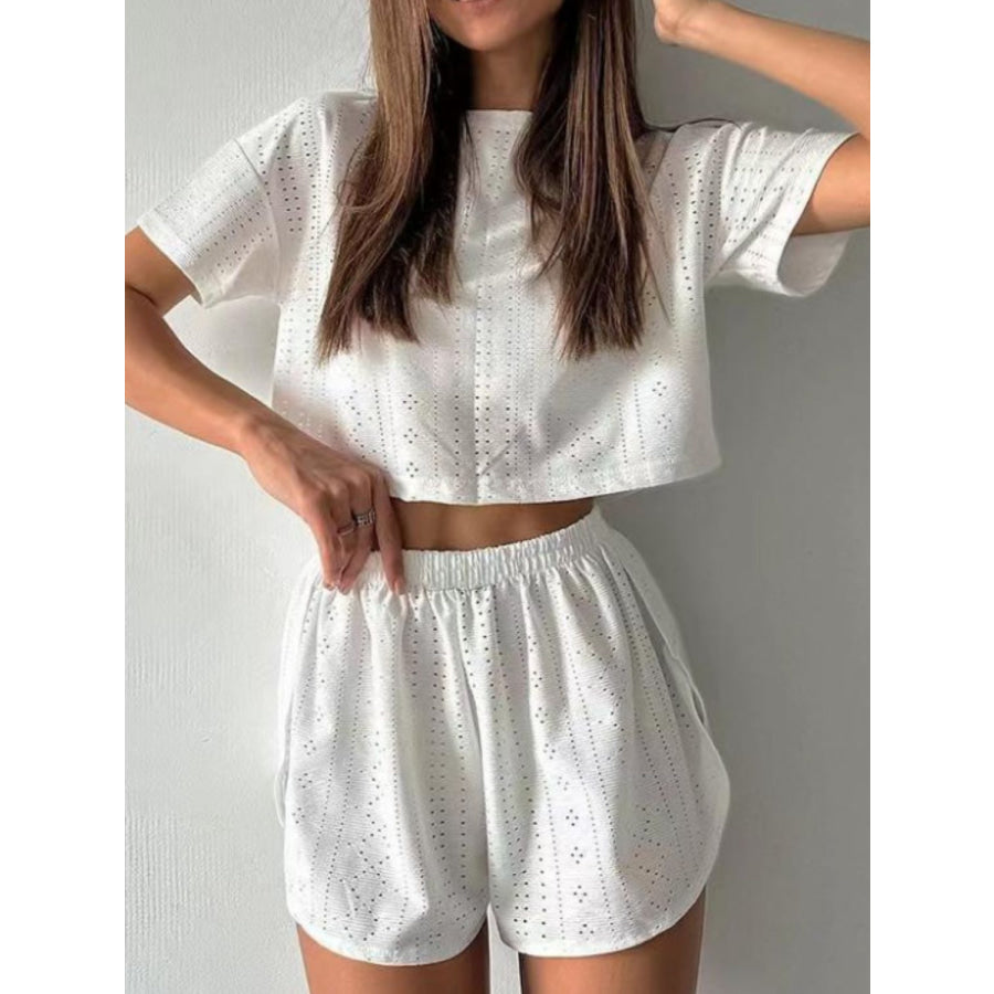 Eyelet Round Neck Top and Shorts Set White / S Apparel Accessories