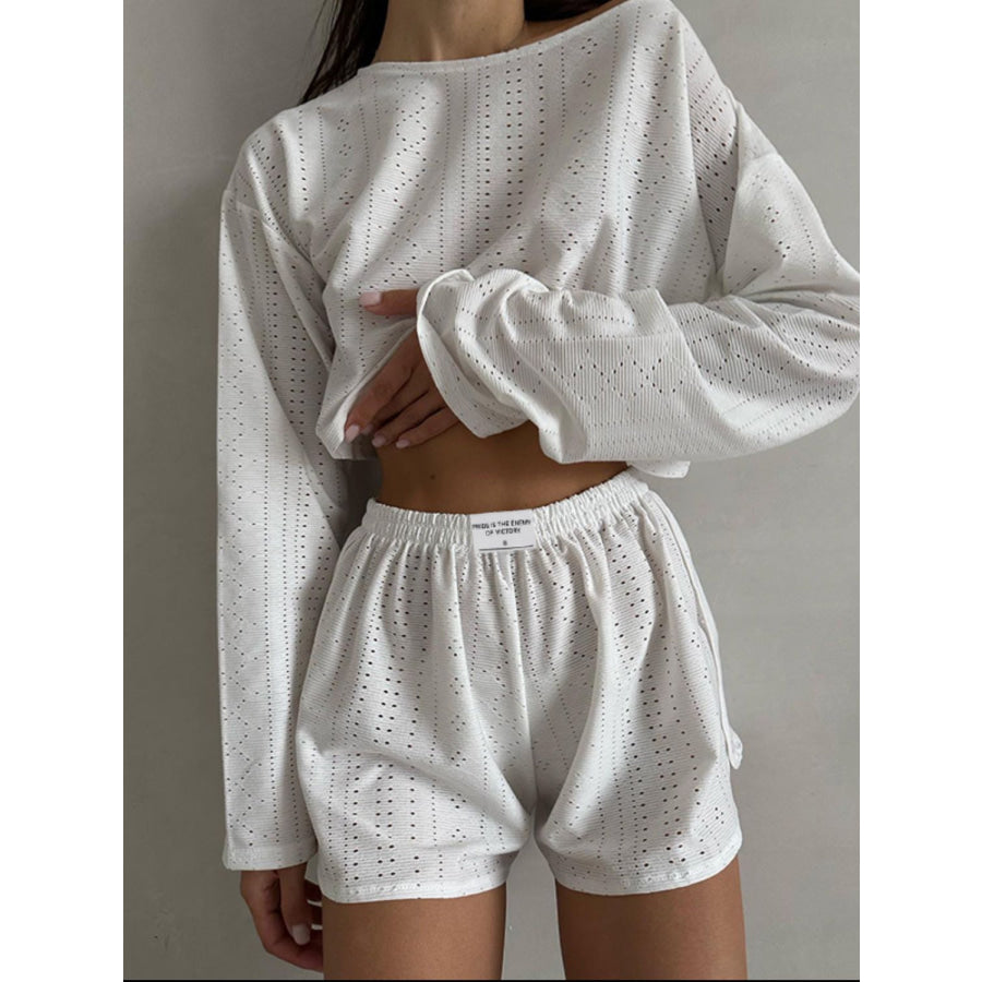 Eyelet Round Neck Top and Shorts Set White / S Apparel Accessories