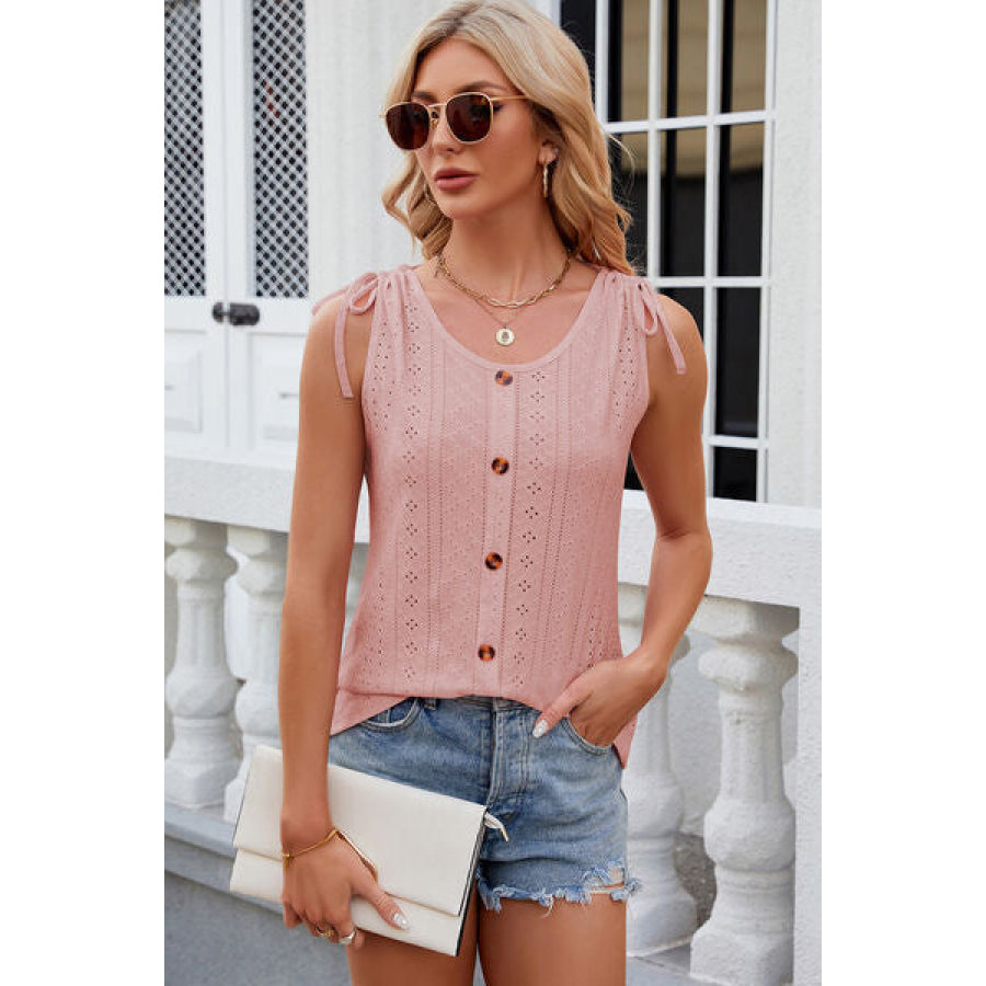 Eyelet Round Neck Wide Strap Tank Apparel and Accessories