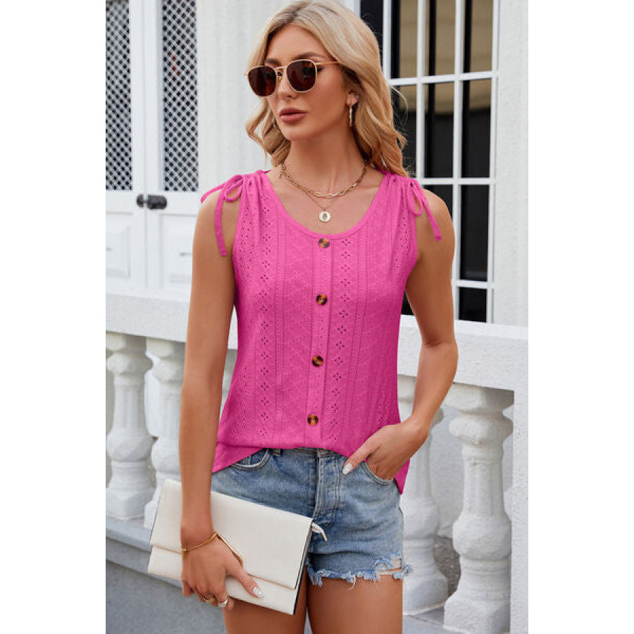 Eyelet Round Neck Wide Strap Tank Apparel and Accessories