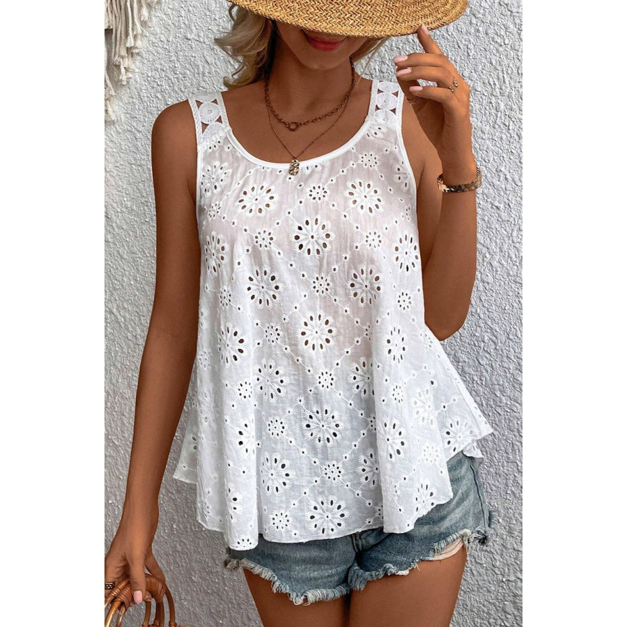 Eyelet Round Neck Wide Strap Tank Apparel and Accessories