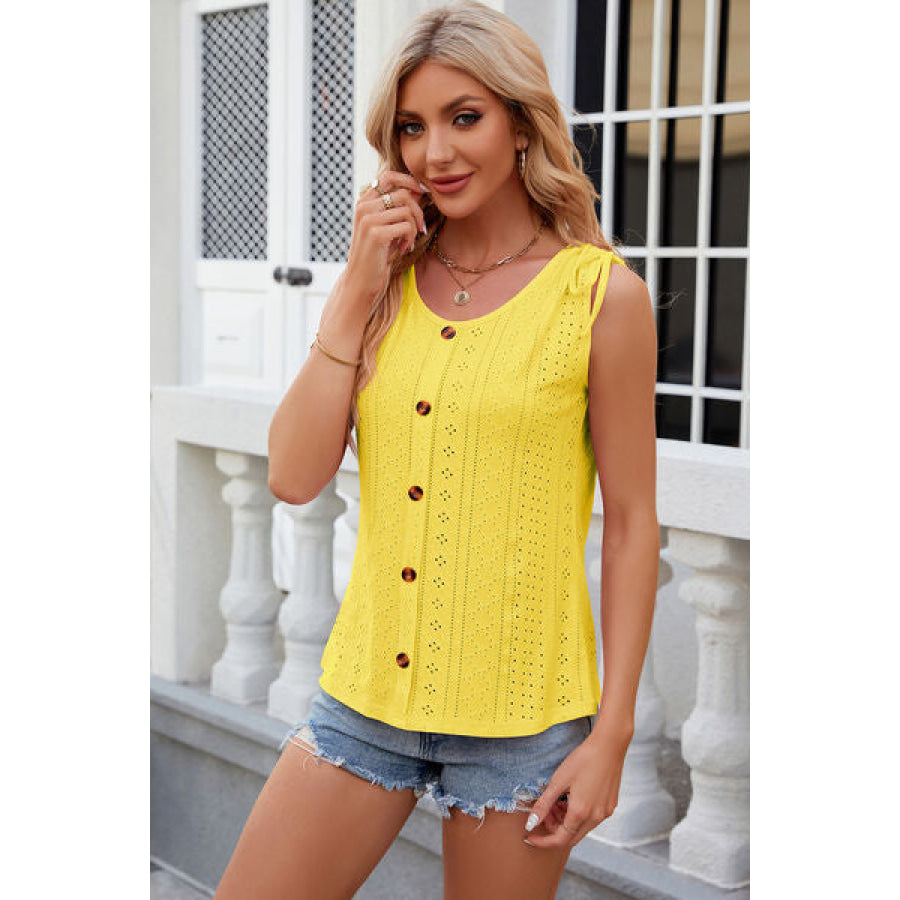 Eyelet Round Neck Wide Strap Tank Apparel and Accessories