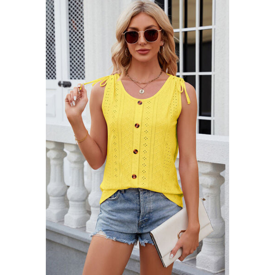 Eyelet Round Neck Wide Strap Tank Apparel and Accessories