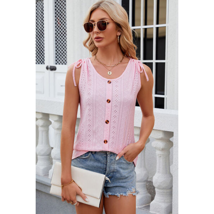 Eyelet Round Neck Wide Strap Tank Blush Pink / S Apparel and Accessories