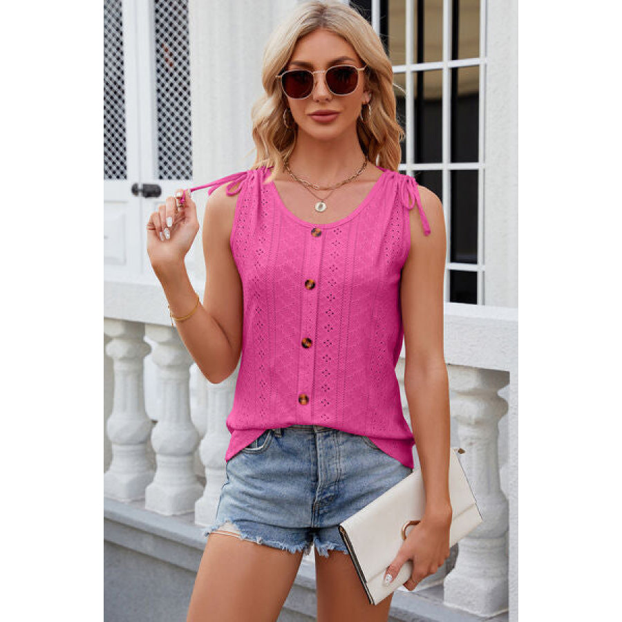 Eyelet Round Neck Wide Strap Tank Hot Pink / S Apparel and Accessories