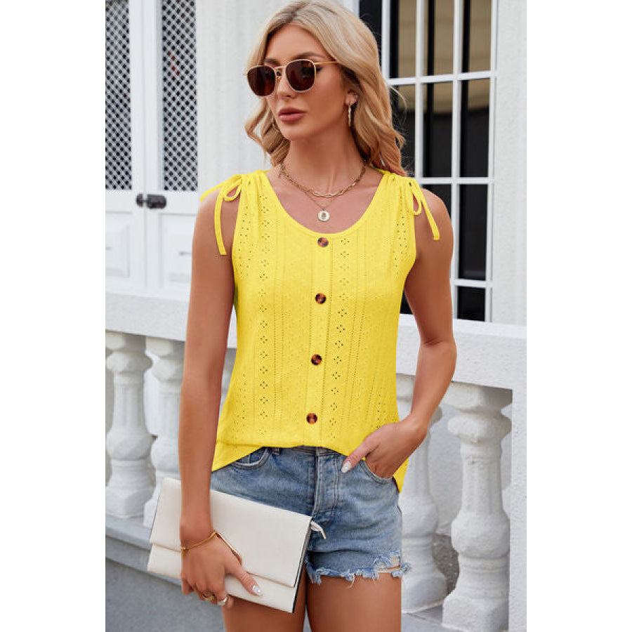 Eyelet Round Neck Wide Strap Tank True Yellow / S Apparel and Accessories