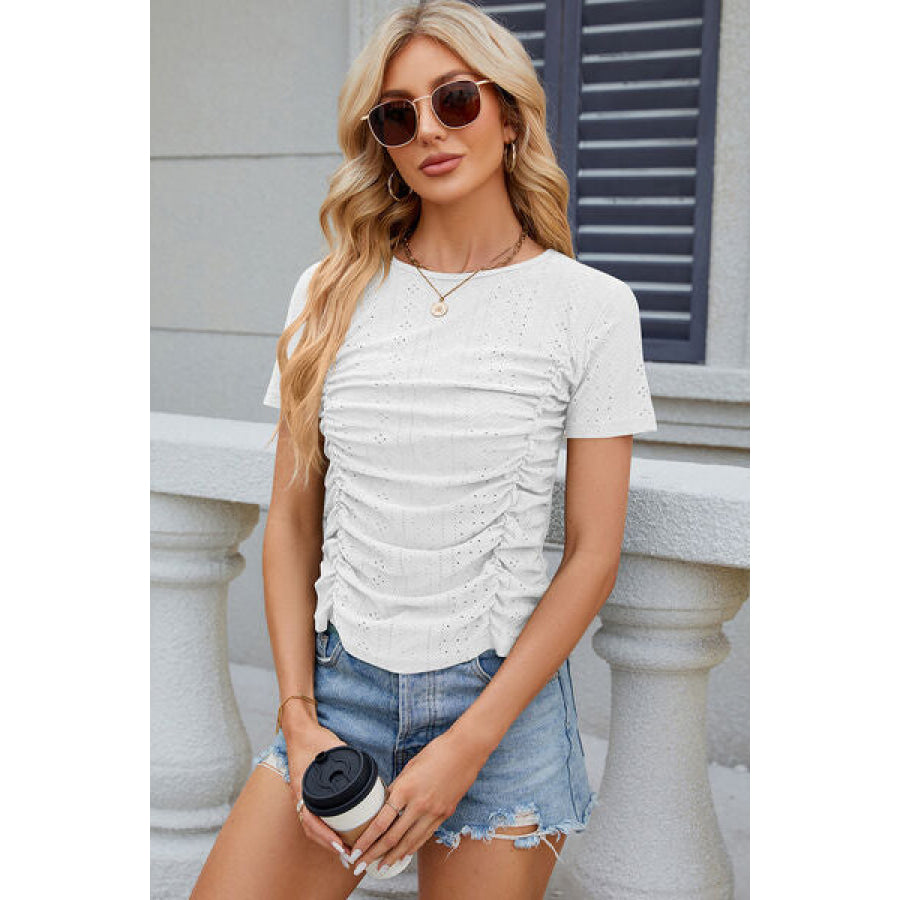 Eyelet Ruched Round Neck Short Sleeve T - Shirt White / S Apparel and Accessories