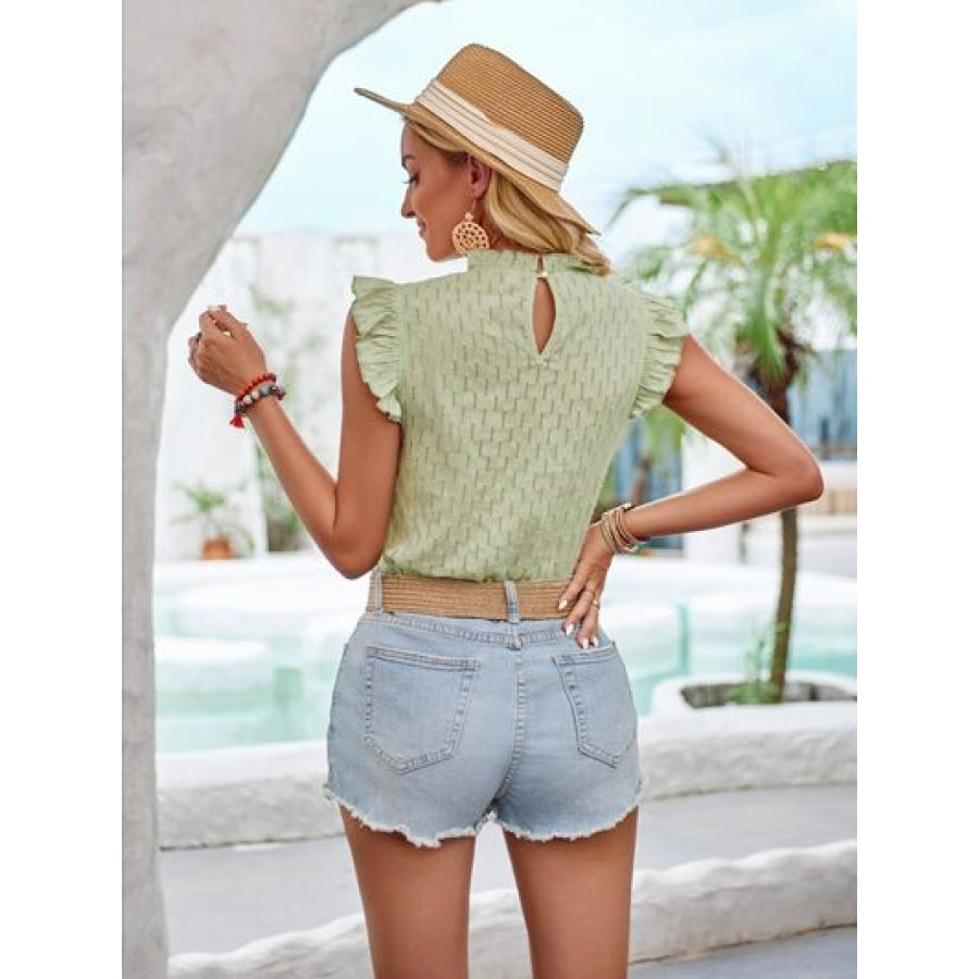 Eyelet Ruffle Trim Cap Sleeve Tank Clothing