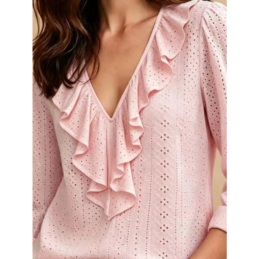 Eyelet Ruffle V-Neck Blouse Apparel and Accessories