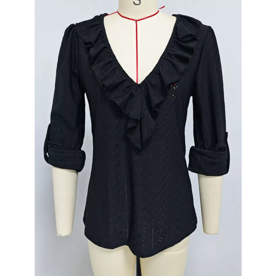 Eyelet Ruffle V-Neck Blouse Apparel and Accessories