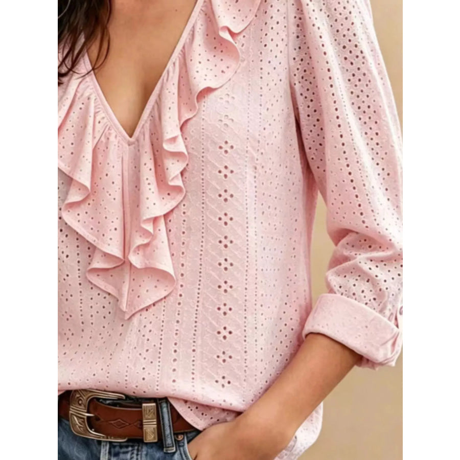 Eyelet Ruffle V-Neck Blouse Apparel and Accessories