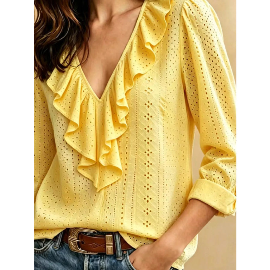Eyelet Ruffle V-Neck Blouse Apparel and Accessories