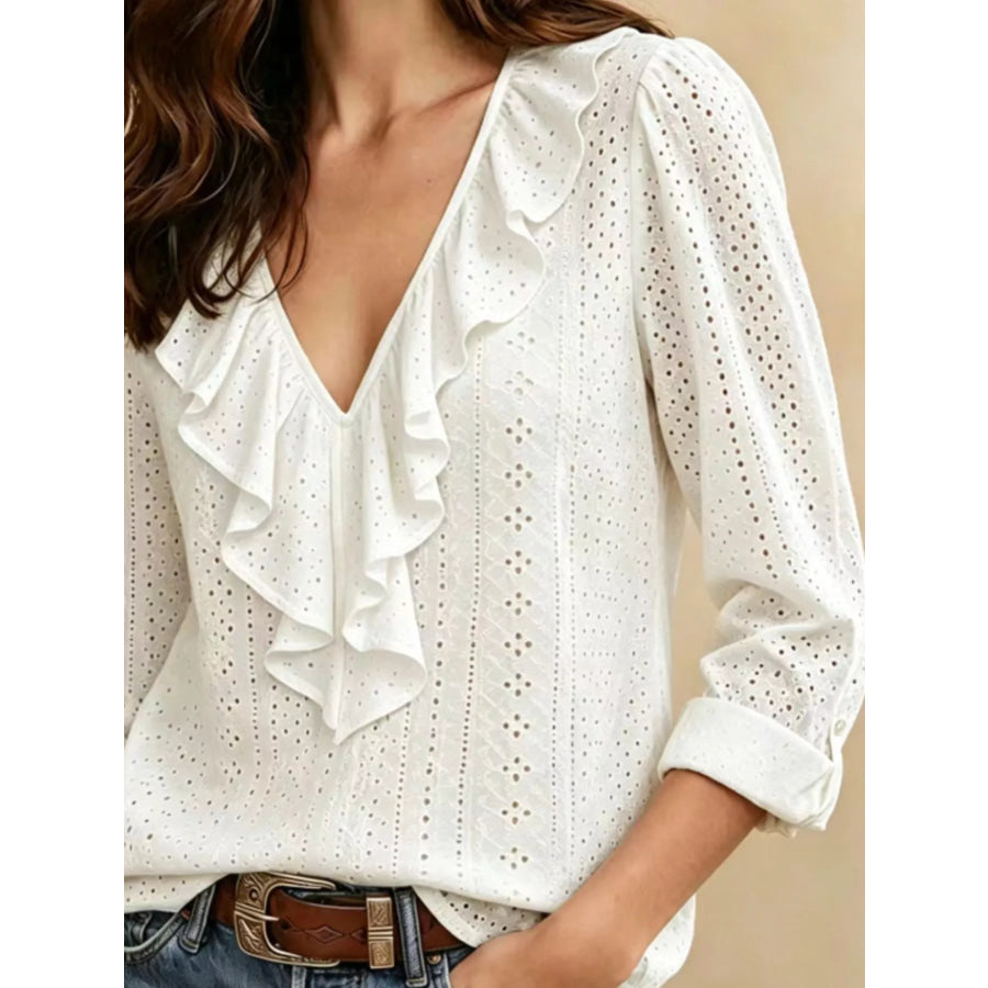 Eyelet Ruffle V-Neck Blouse Apparel and Accessories