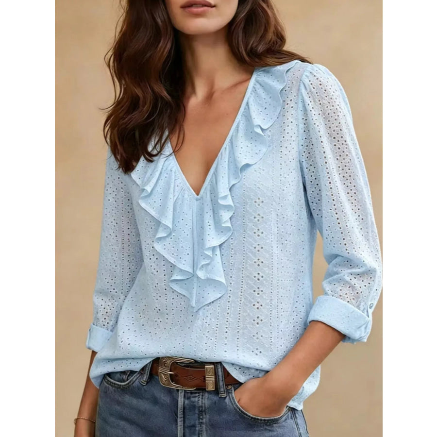 Eyelet Ruffle V-Neck Blouse Apparel and Accessories