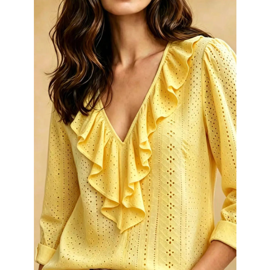 Eyelet Ruffle V-Neck Blouse Apparel and Accessories
