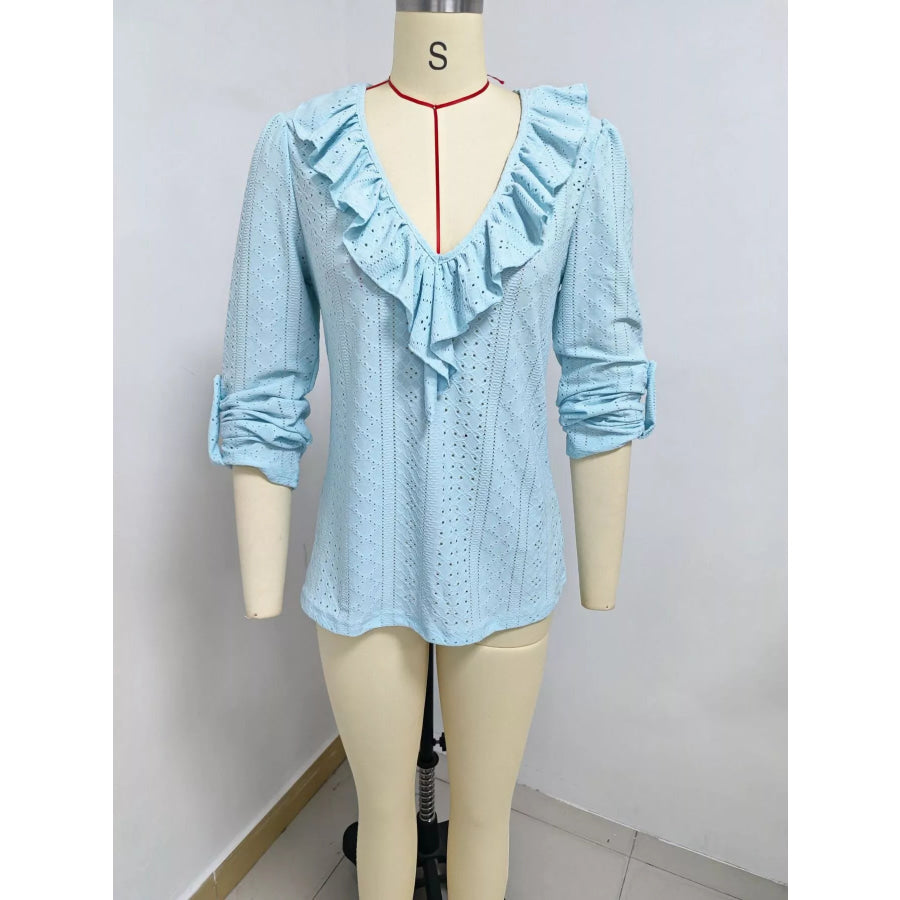 Eyelet Ruffle V-Neck Blouse Apparel and Accessories