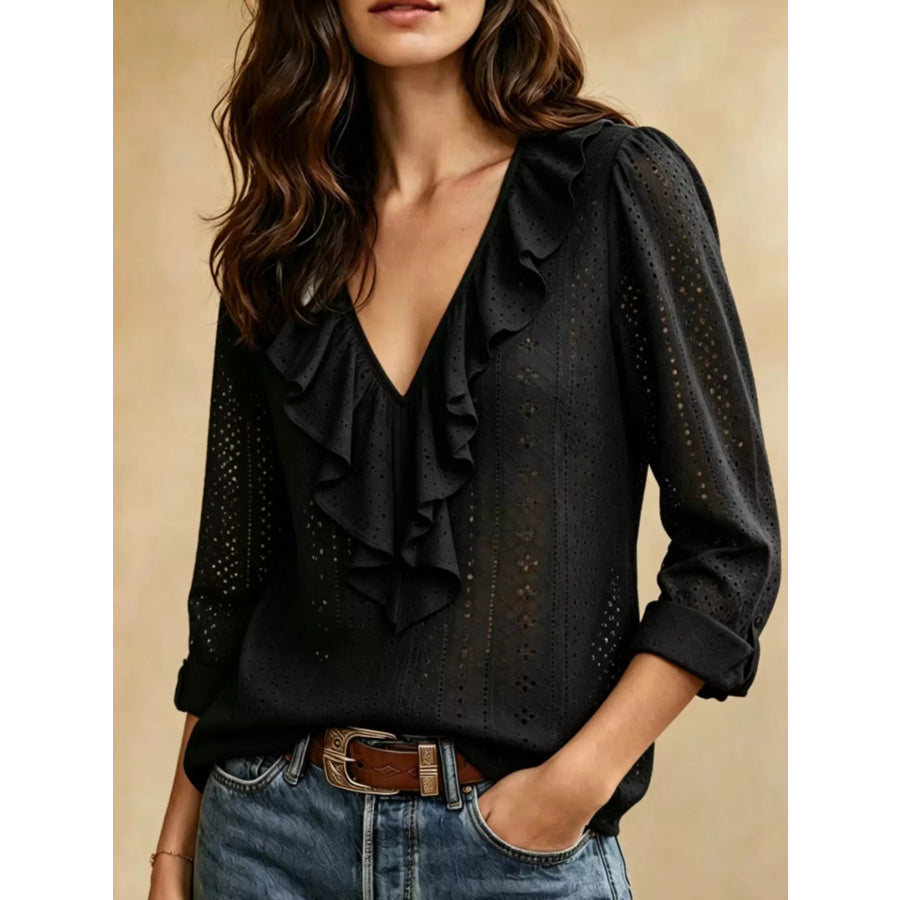 Eyelet Ruffle V-Neck Blouse Black / S Apparel and Accessories