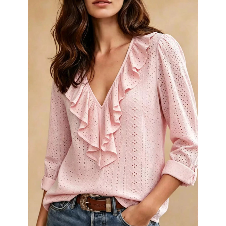 Eyelet Ruffle V-Neck Blouse Blush Pink / S Apparel and Accessories
