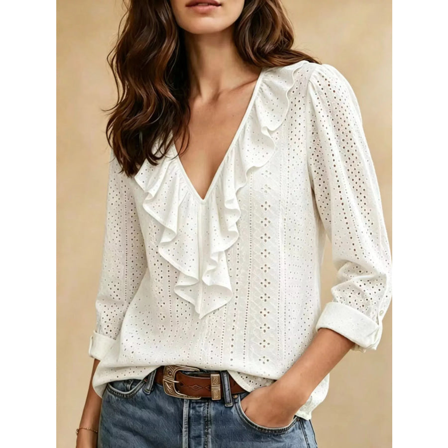 Eyelet Ruffle V-Neck Blouse White / S Apparel and Accessories