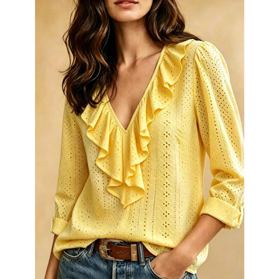Eyelet Ruffle V-Neck Blouse Yellow / S Apparel and Accessories