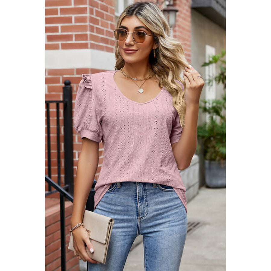 Eyelet Ruffled Round Neck T - Shirt Apparel and Accessories