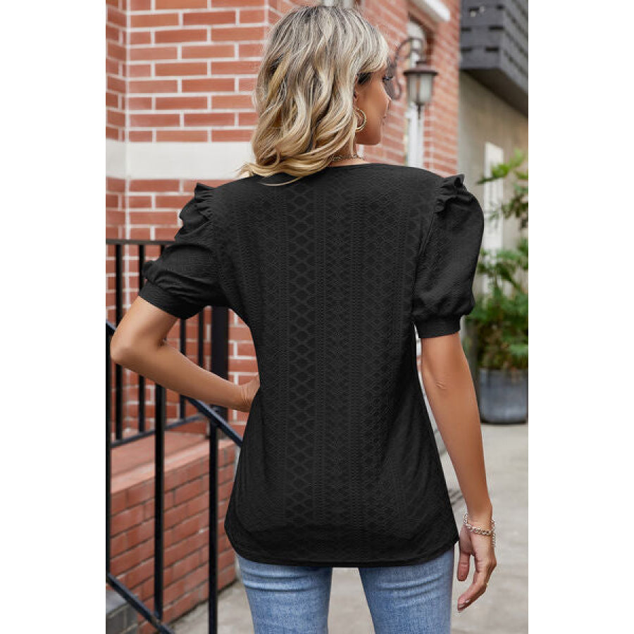 Eyelet Ruffled Round Neck T - Shirt Apparel and Accessories