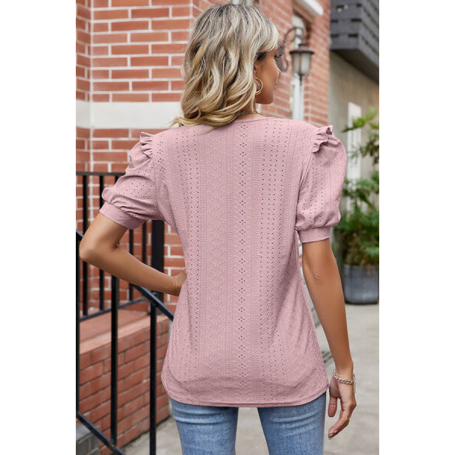 Eyelet Ruffled Round Neck T - Shirt Apparel and Accessories