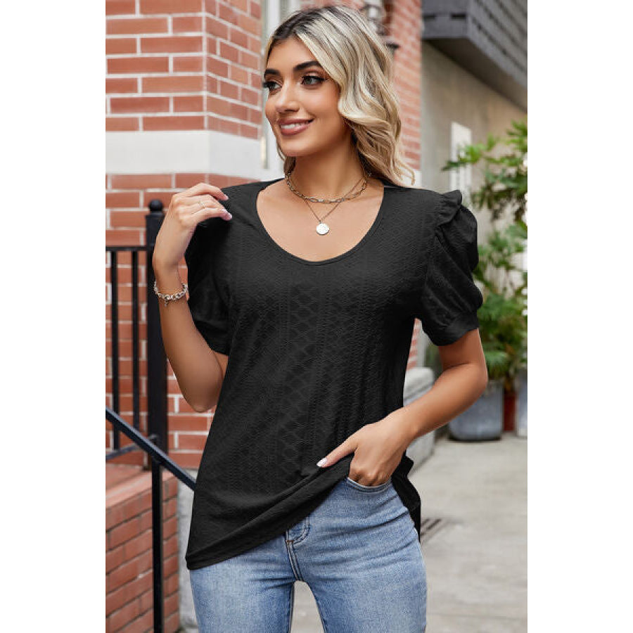 Eyelet Ruffled Round Neck T - Shirt Apparel and Accessories