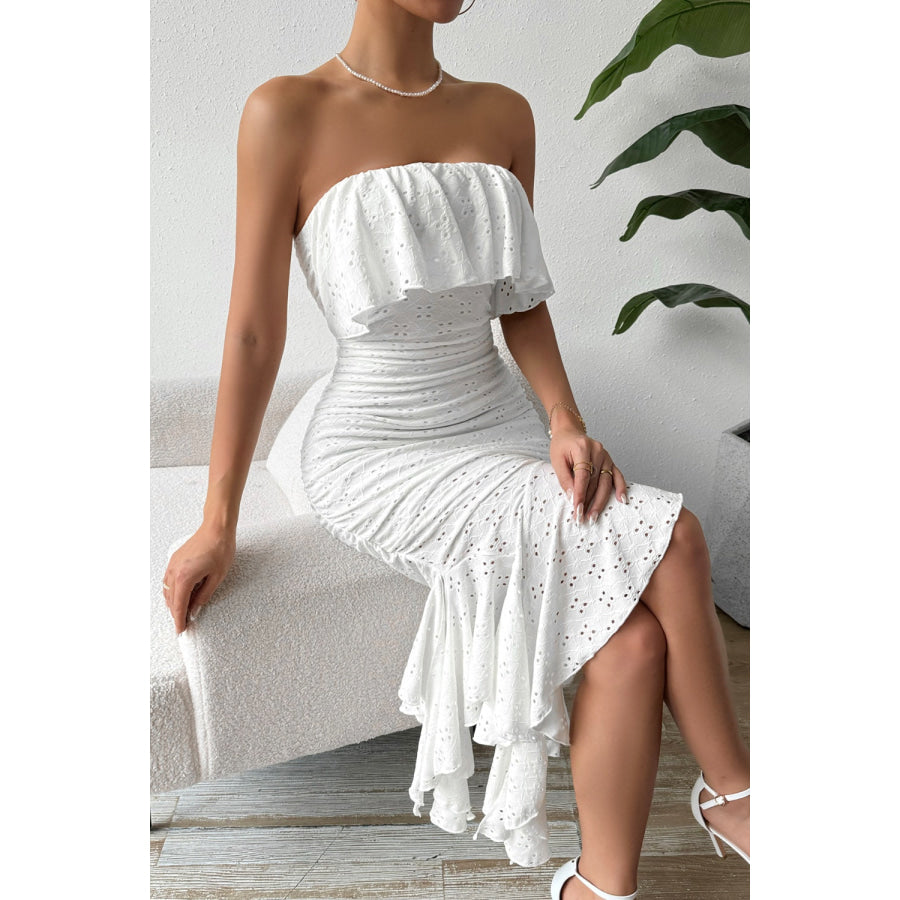 Eyelet Ruffled Tube Sleeveless Midi Dress Apparel and Accessories